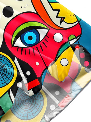 Men wearing art face eyes printed pocket long sleeve shirt lifestyle