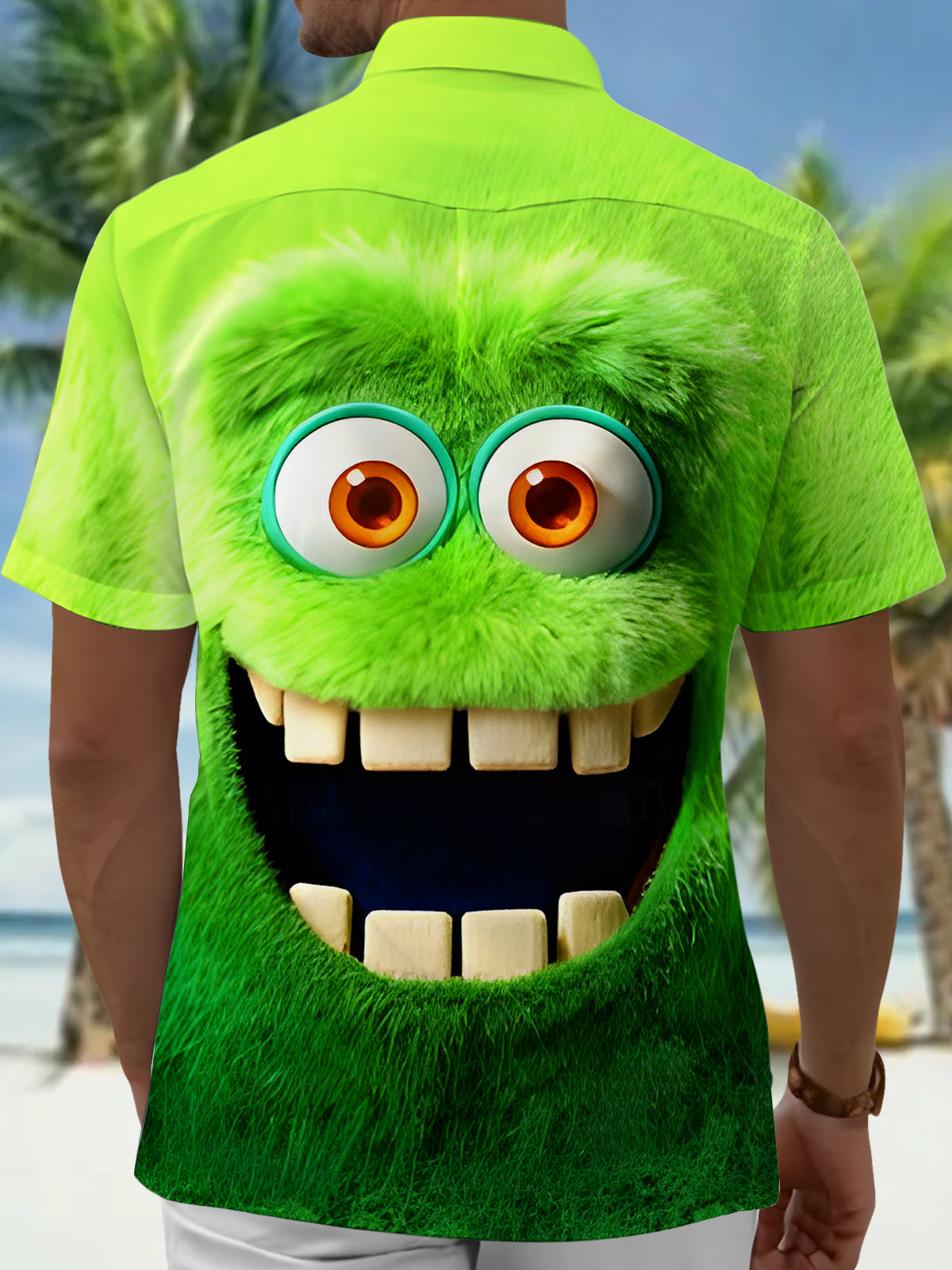 Funny Green Monster Men's Pocket Short Sleeve Cuban Collar Shirts