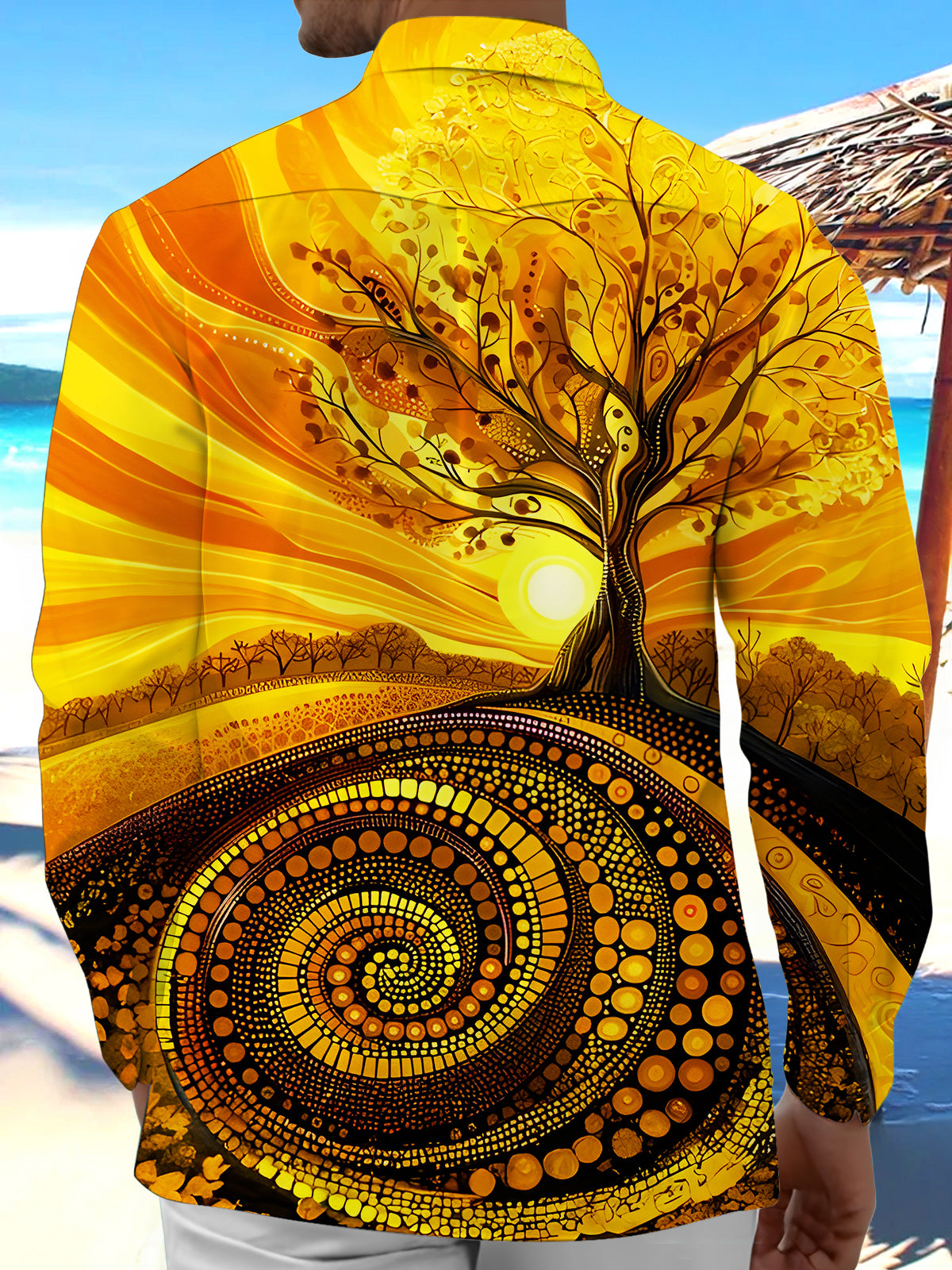 Art Golden Autumn Tree Sunset Swirl Men's Pocket Long Sleeve Shirts