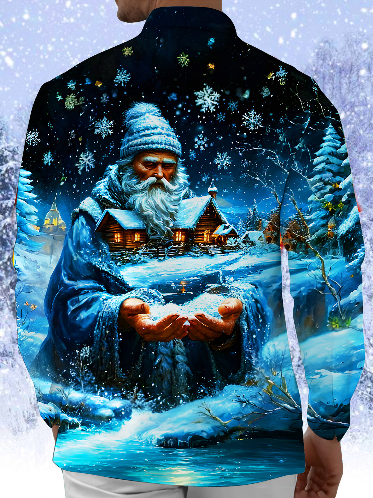 Winter Snow Santa Claus House Xmas Men's Pocket Long Sleeve Shirts