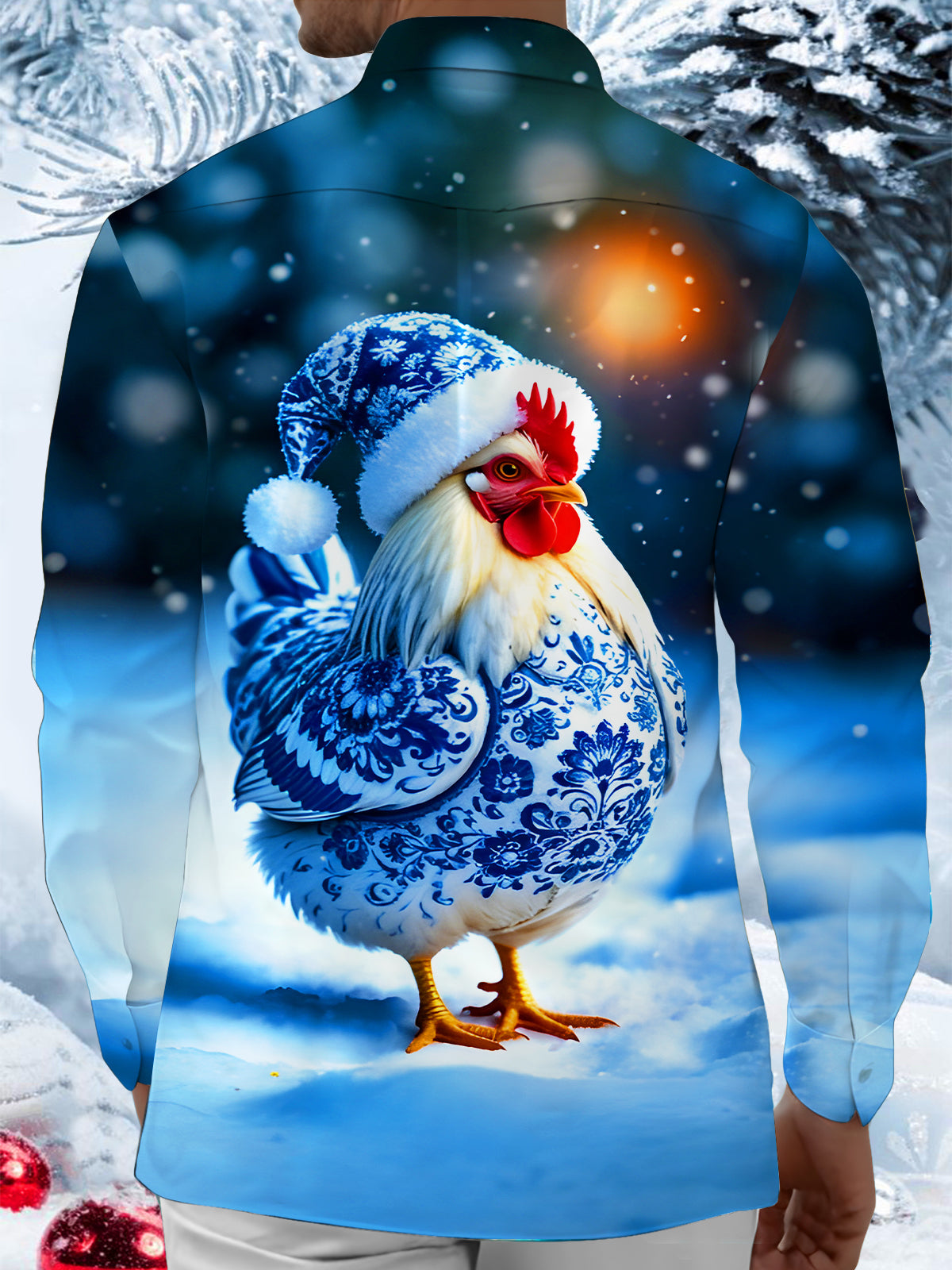 Funny Winter Rooster Men's Pocket Long Sleeve Shirts