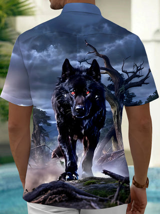 Men's gray wolf print short sleeve shirt back view