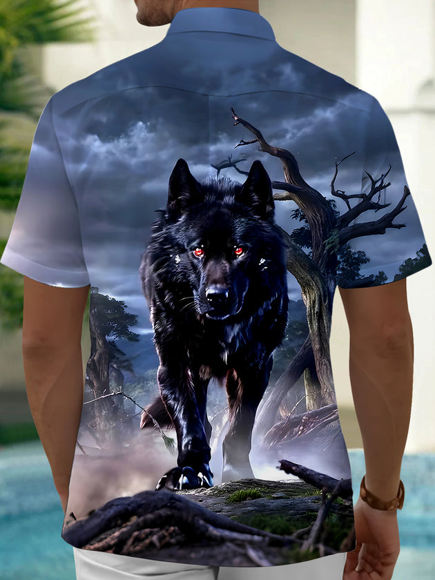 Men's gray wolf print short sleeve shirt back view