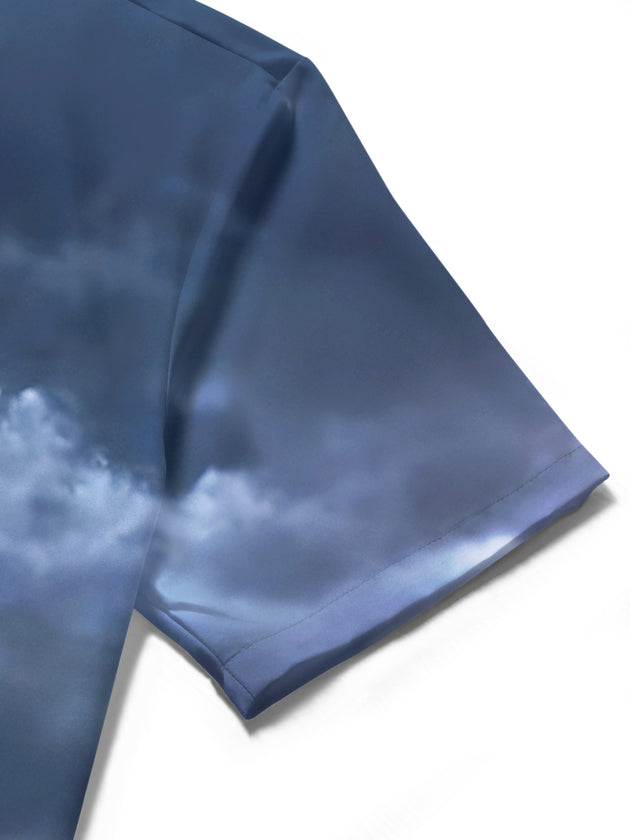 Men's wolf print short sleeve shirt close-up detail view