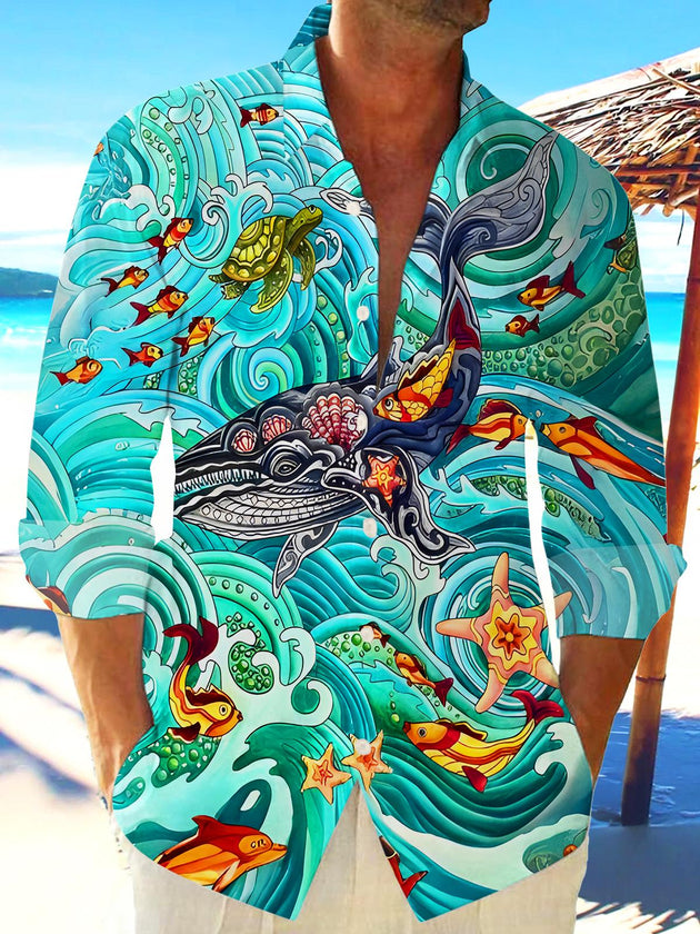 Men's Funny Marine Life Swirl Pocket Long Sleeve Shirt Front View