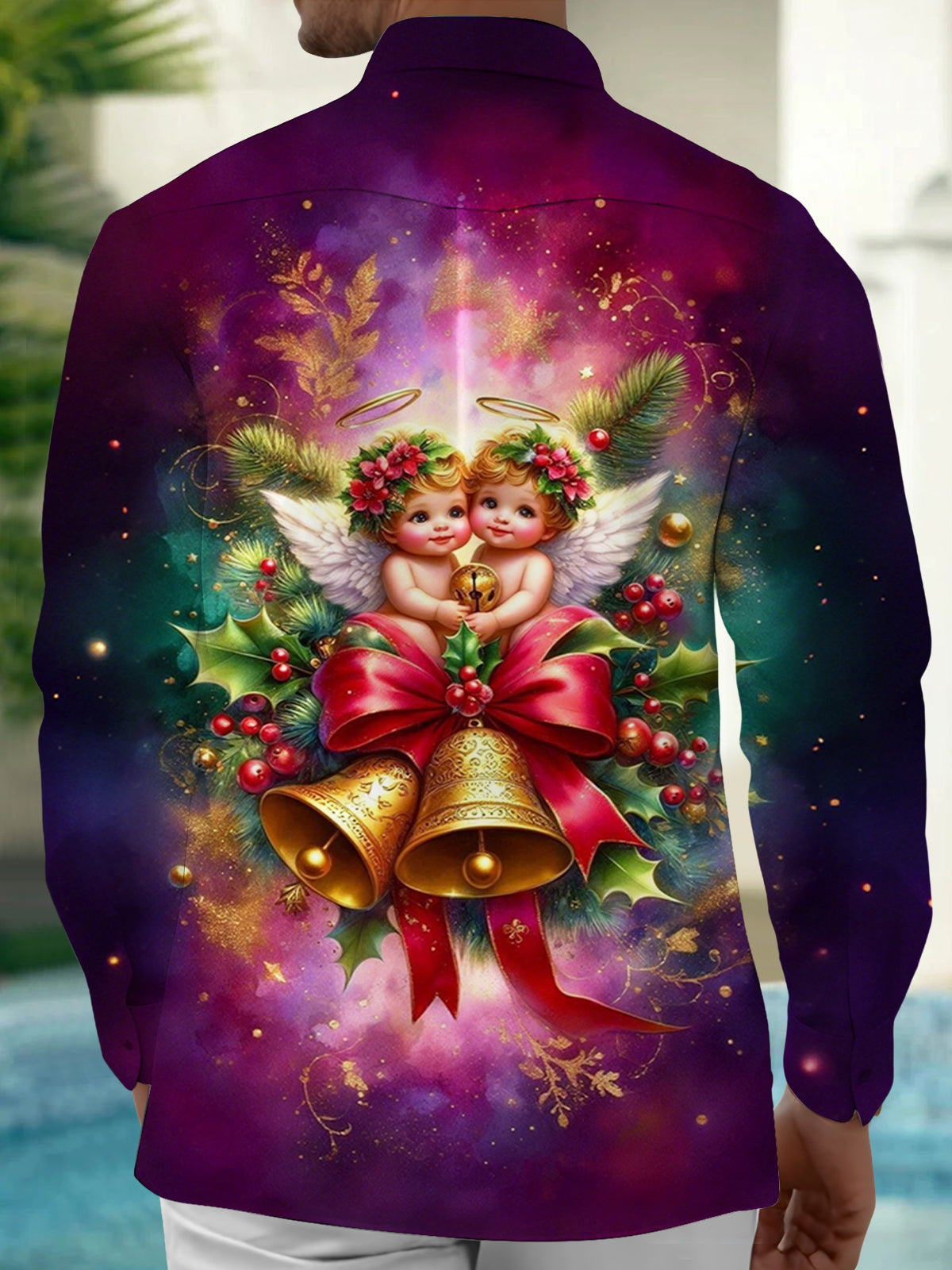 Christmas Angel Print Men's Pocket Long Sleeve Shirts