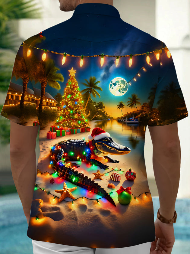 Men's crocodile Christmas tree coconut palm fairy lights print short sleeve shirt back view