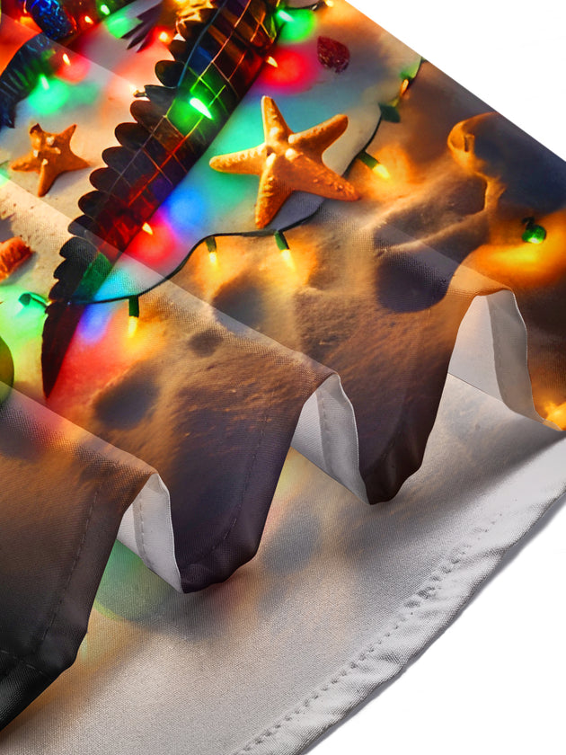 Men wearing crocodile Christmas tree coconut palm fairy lights short sleeve shirt at Christmas holiday party lifestyle shot