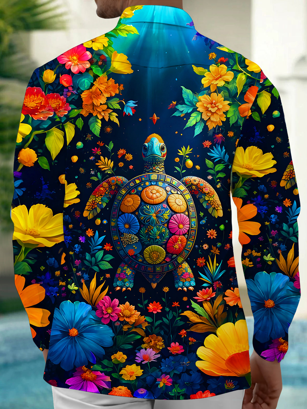 Sea Turtle Floral Men's Pocket Long Sleeve Shirts