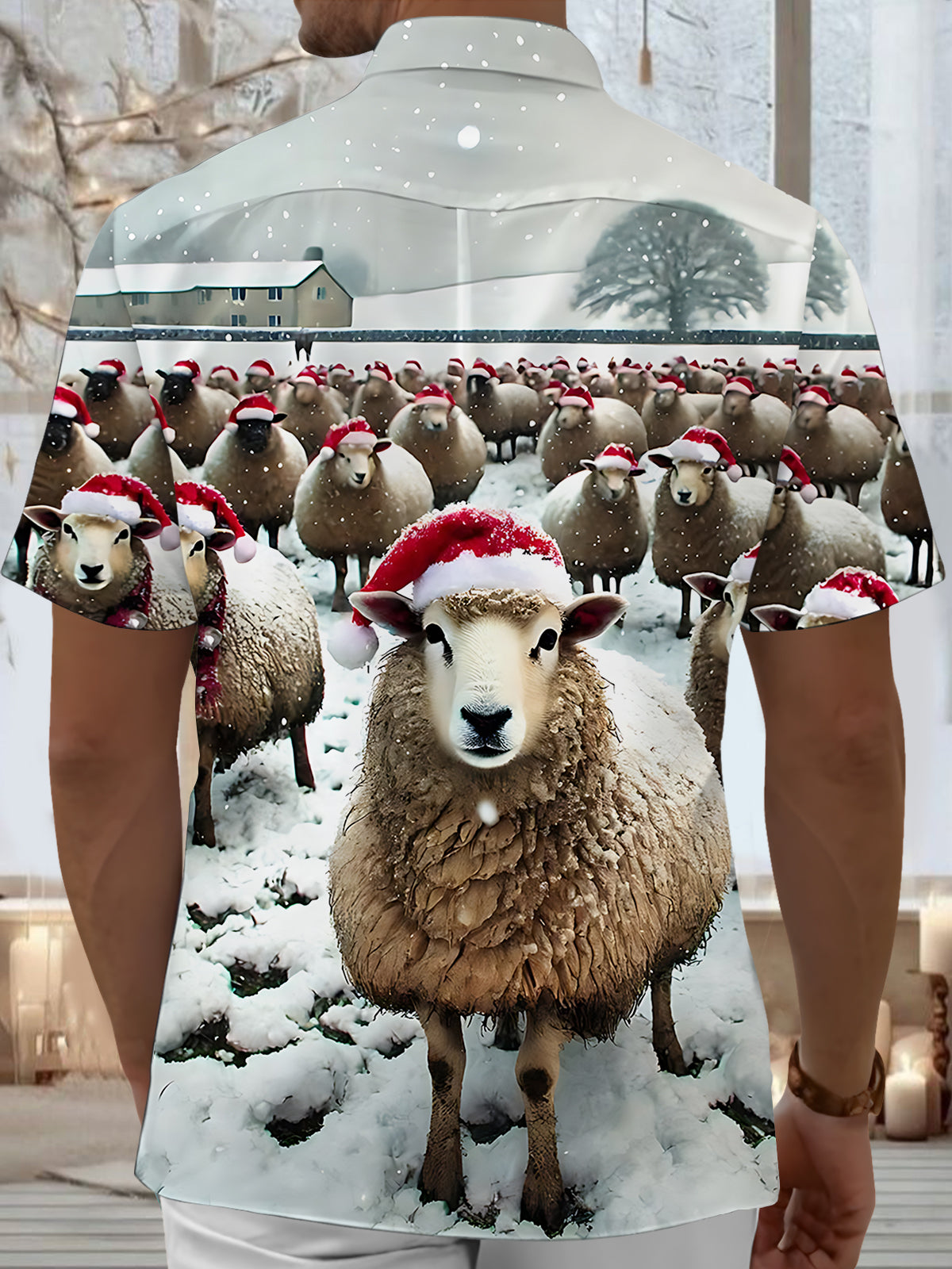 Christmas Sheep Print Men's Pocket Short Sleeve Shirts