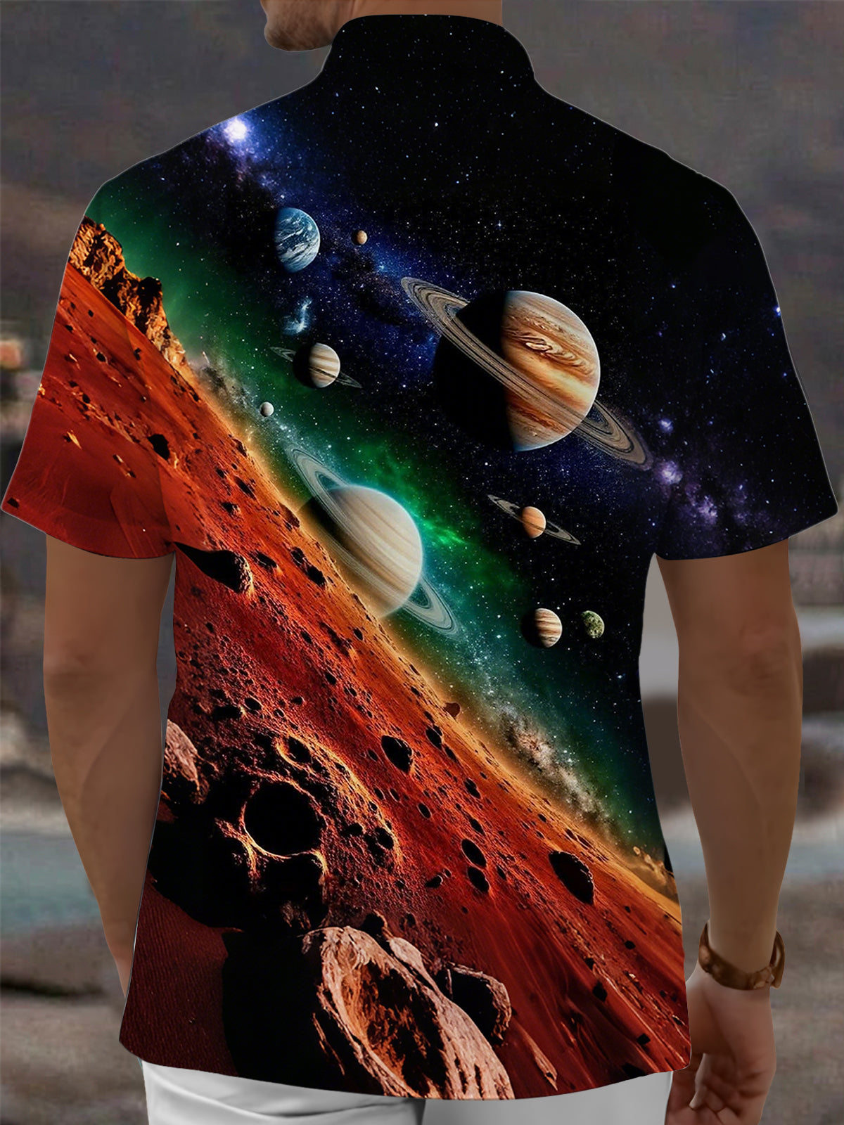 Universe Planet Print Men's Pocket Short Sleeve Shirts