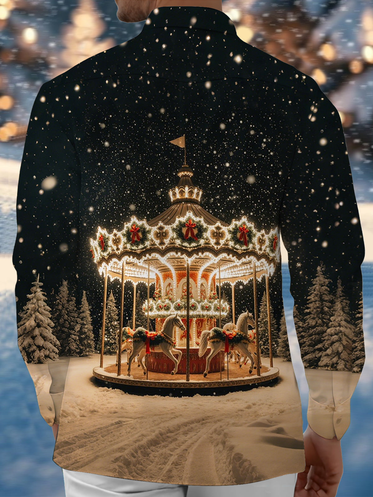 Carousel Print Men's Pocket Long Sleeve Shirts