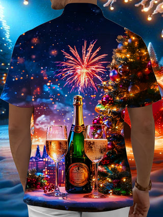 Men's black Christmas tree print short sleeve shirt back view