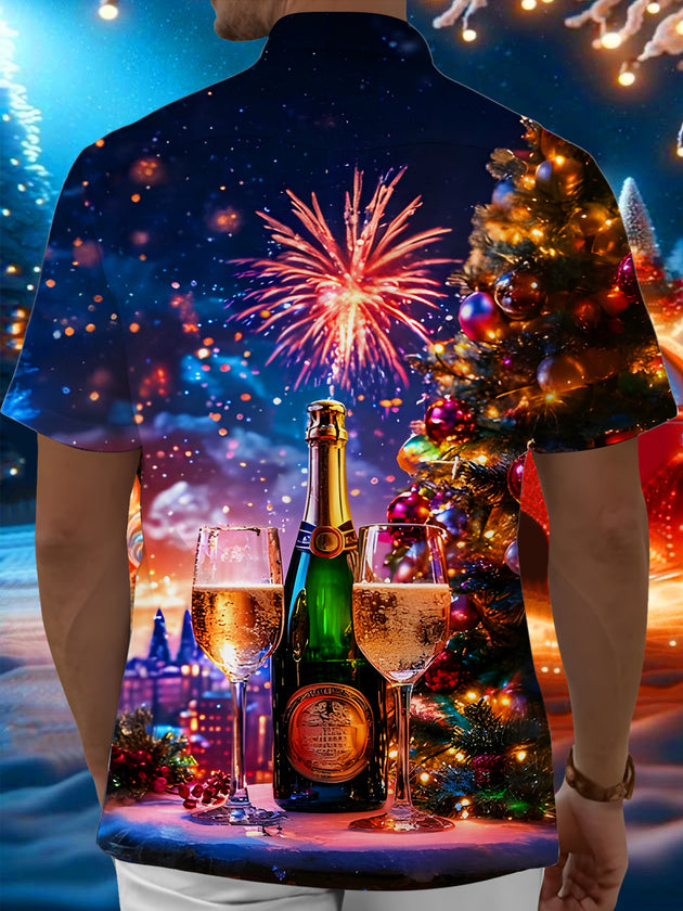 Men's black Christmas tree print short sleeve shirt back view