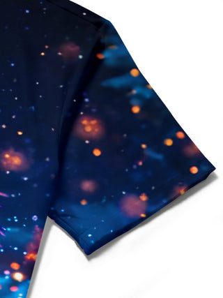 Men's Christmas tree print short sleeve shirt close-up detail view