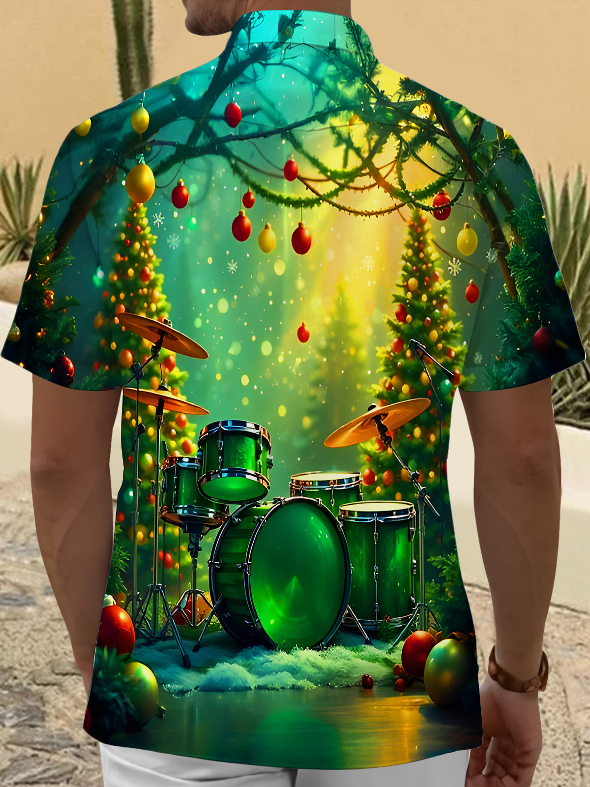 Christmas Tree Drum Kit Fairy Lights Men's Pocket Short Sleeve Shirts
