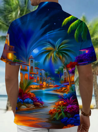 Men's Dark Night Art Coconut Trees Moon Houses Print Pocket Short Sleeve Shirt Back View
