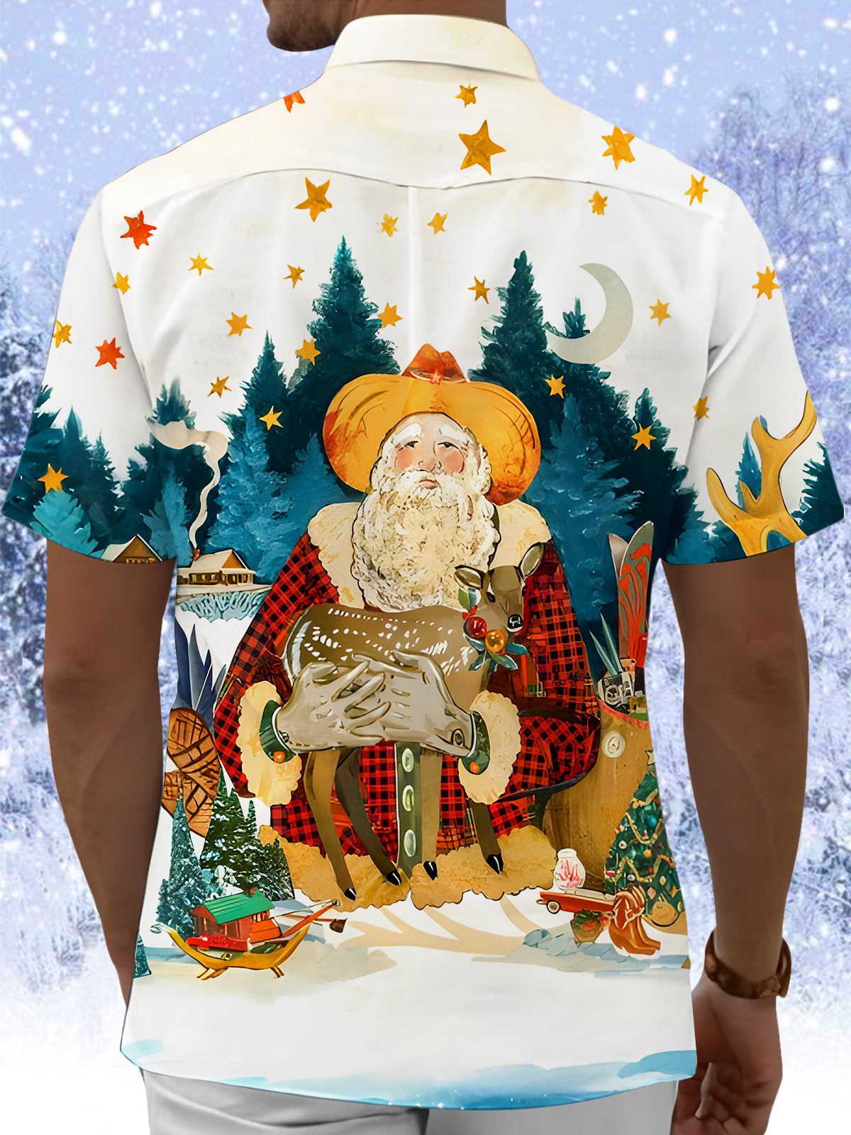 Funny Santa Claus Reindeer Stars Moon Xmas Men's Pocket Short Sleeve Cuban Collar Shirts