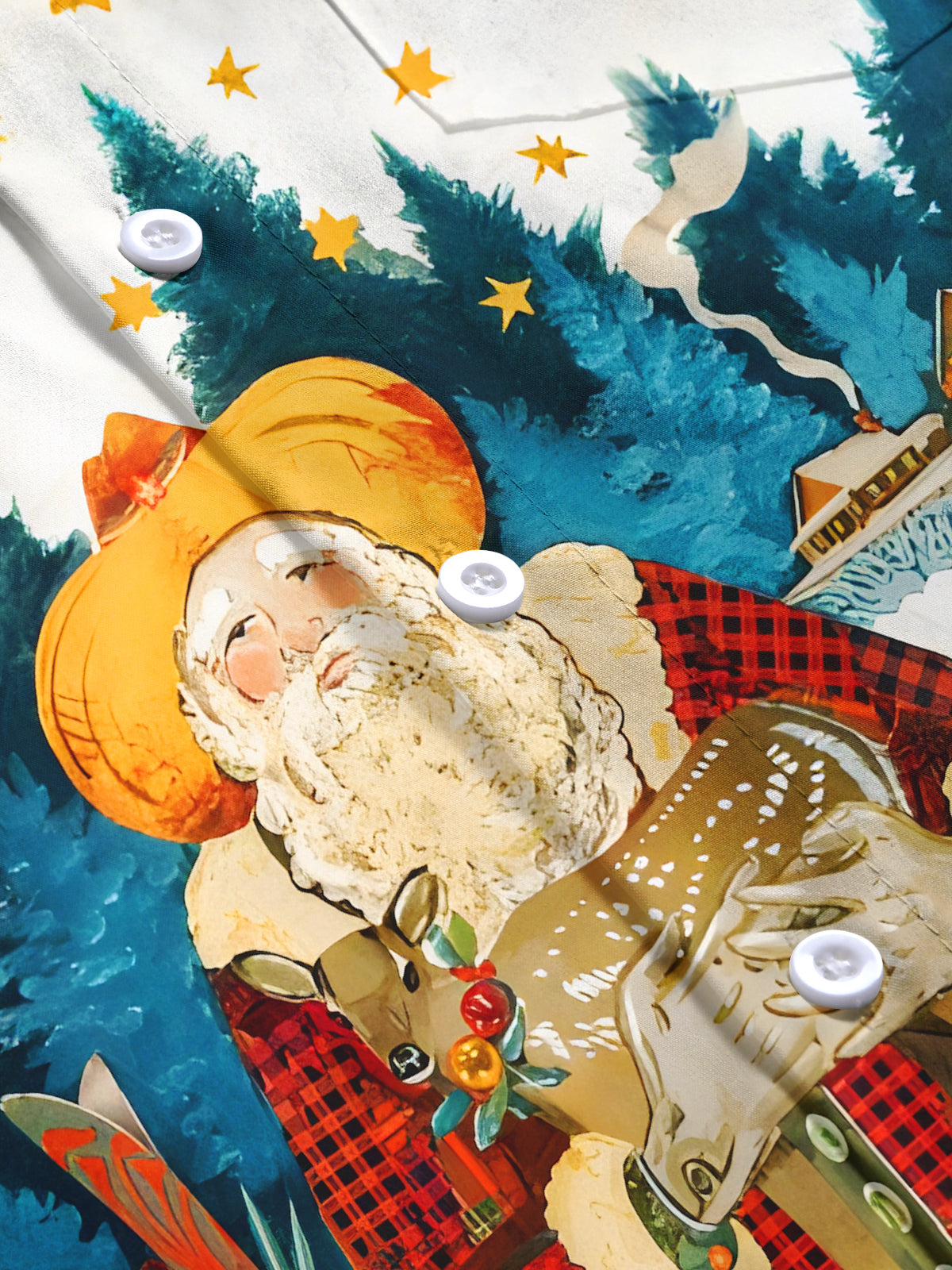 Funny Santa Claus Reindeer Stars Moon Xmas Men's Pocket Short Sleeve Cuban Collar Shirts