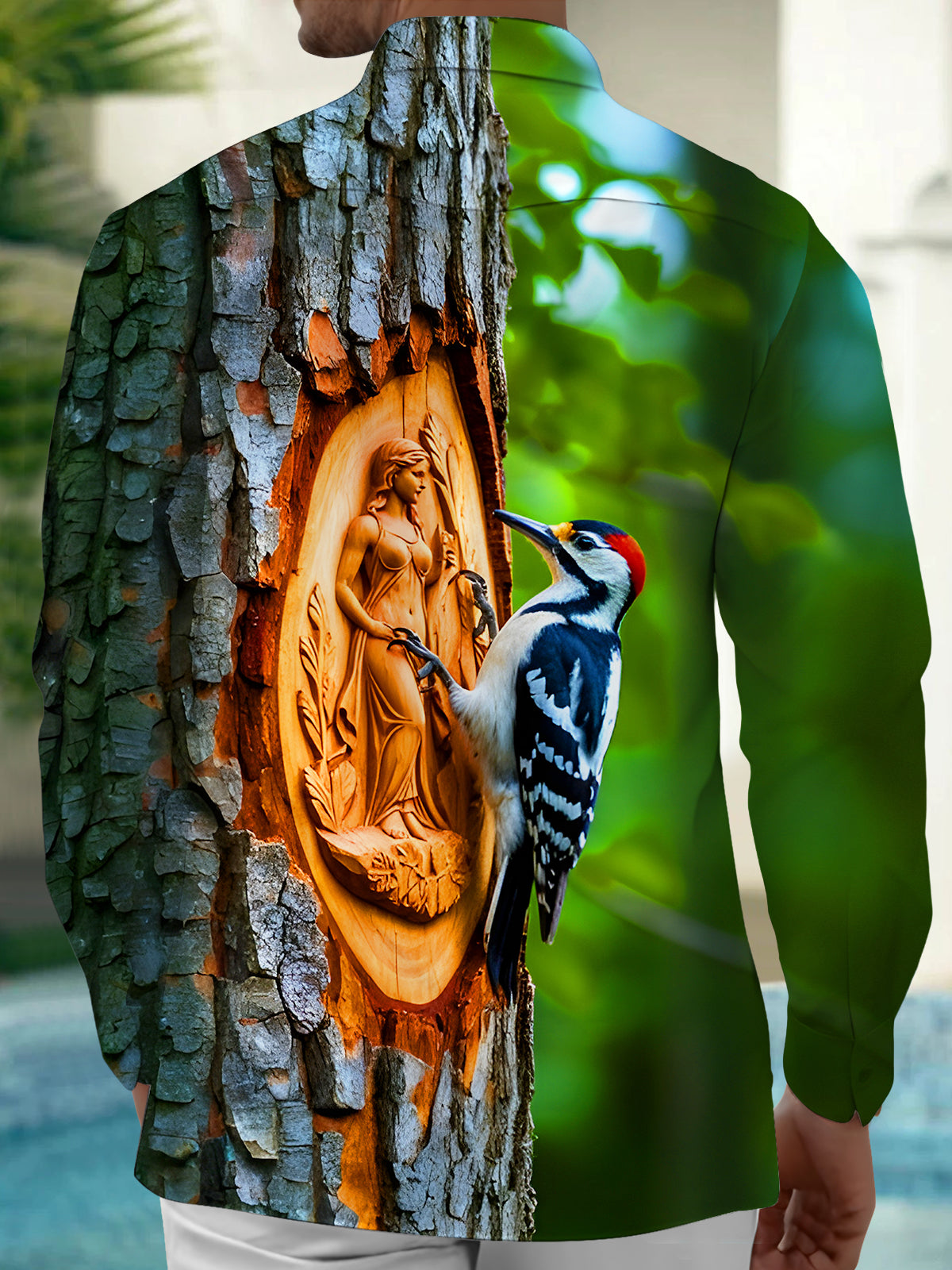 Funny Woodpecker Art Sculpture Men's Pocket Long Sleeve Shirts