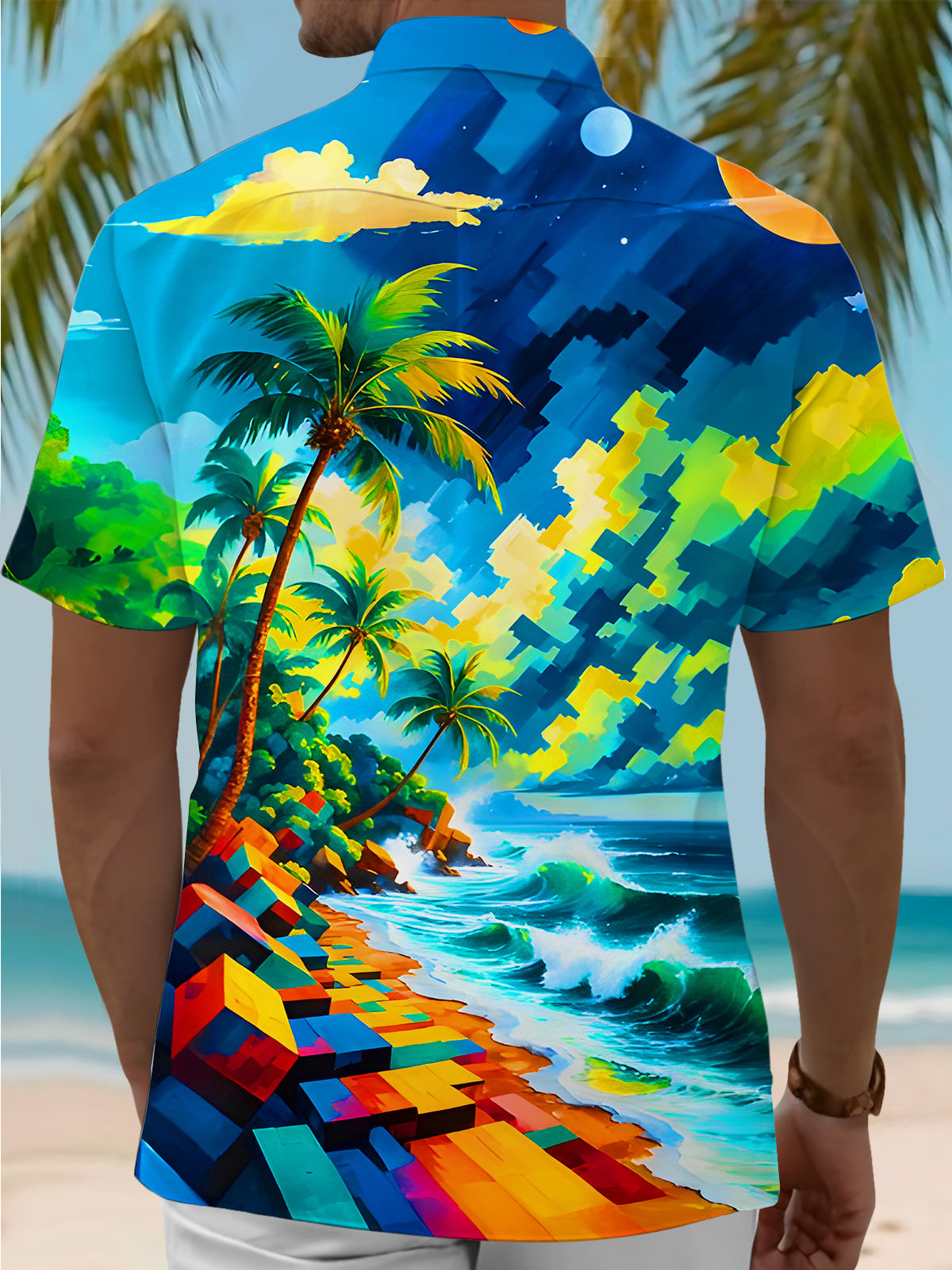 Hawaiian Coconut Palm Beach Geometry Men's Pocket Short Sleeve Shirts