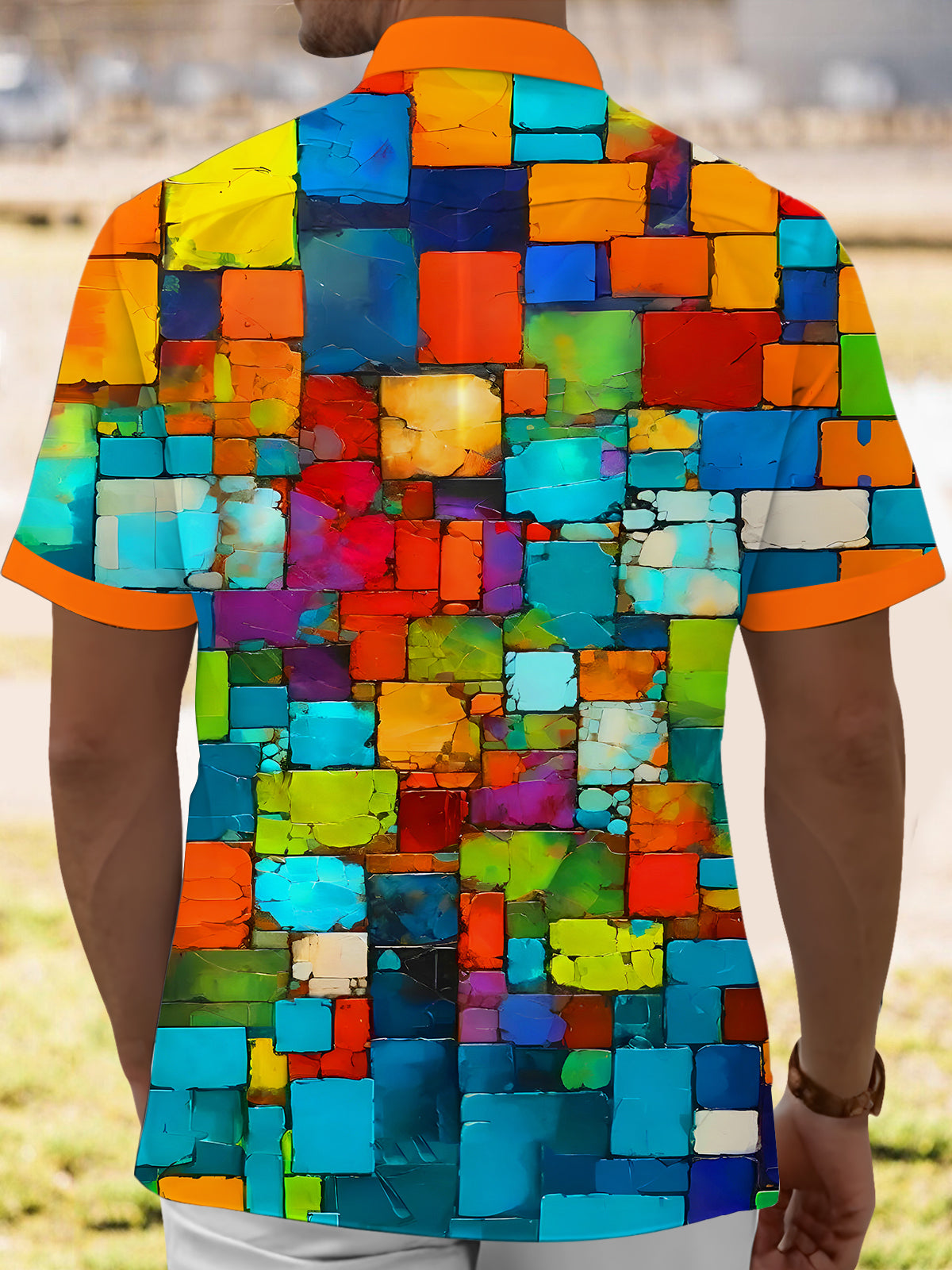 Colorful Color Block Abstract Geometry Men's Pocket Short Sleeve Cuban Collar Shirts