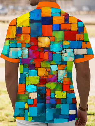 Men's colorful abstract geometry short sleeve Cuban collar shirt back view