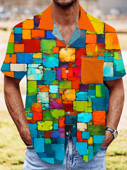 Colorful Color Block Abstract Geometry Men's Pocket Short Sleeve Cuban Collar Shirts