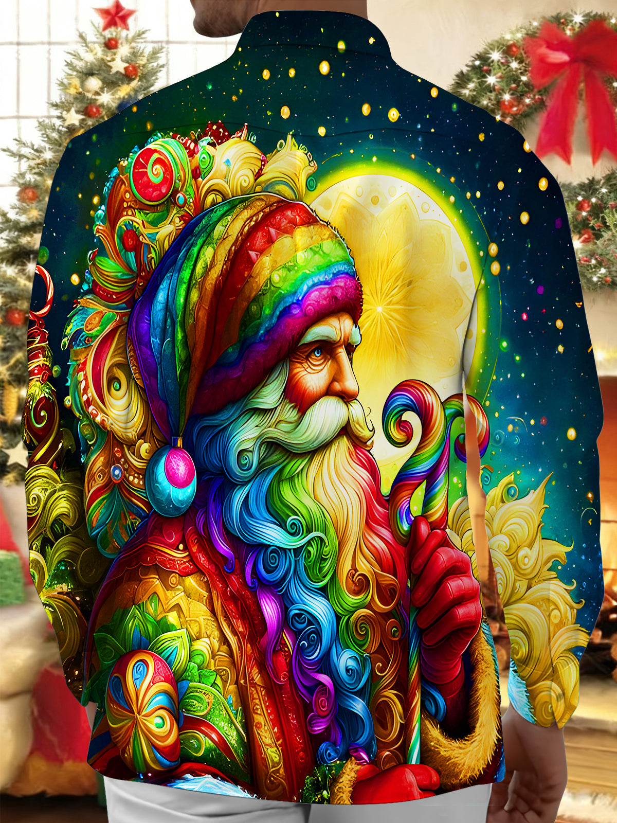 Rainbow Swirls Santa Claus Xmas Men's Pocket Long Sleeve Shirts