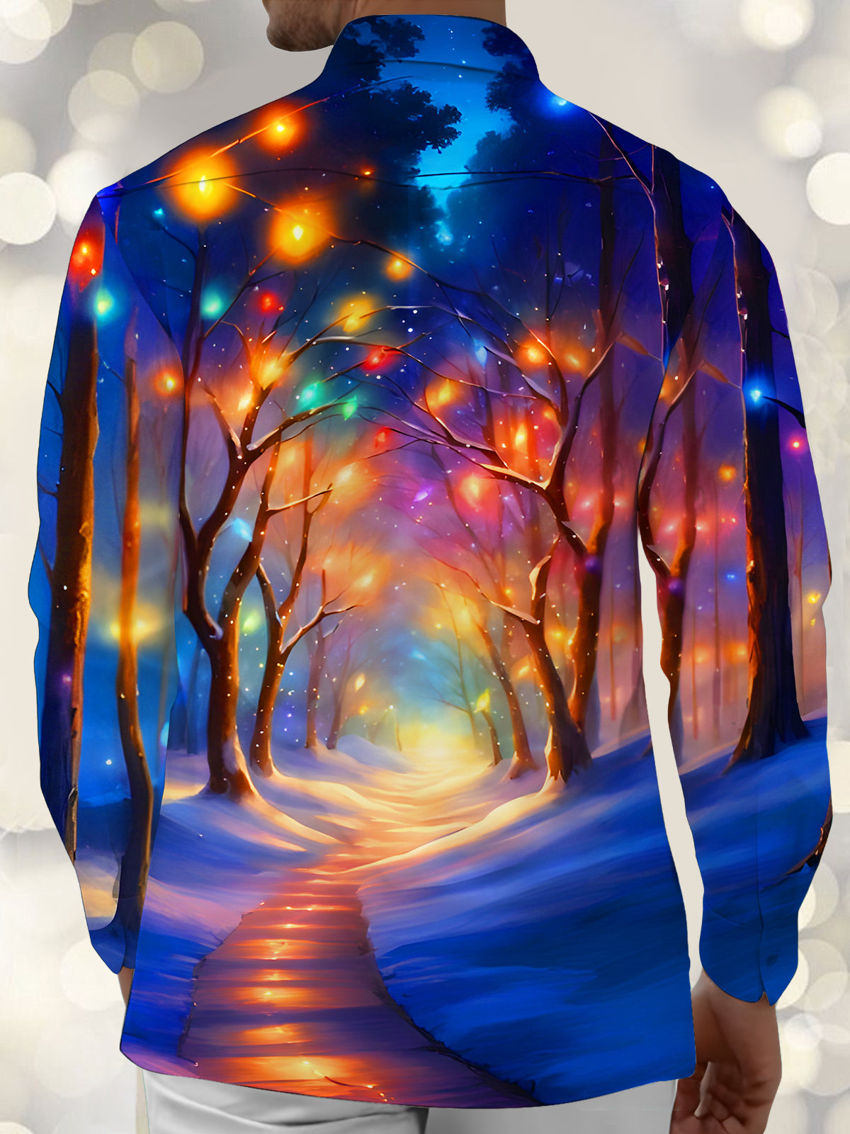 Colorful Lights Illumination Woods Path Men's Pocket Long Sleeve Shirts
