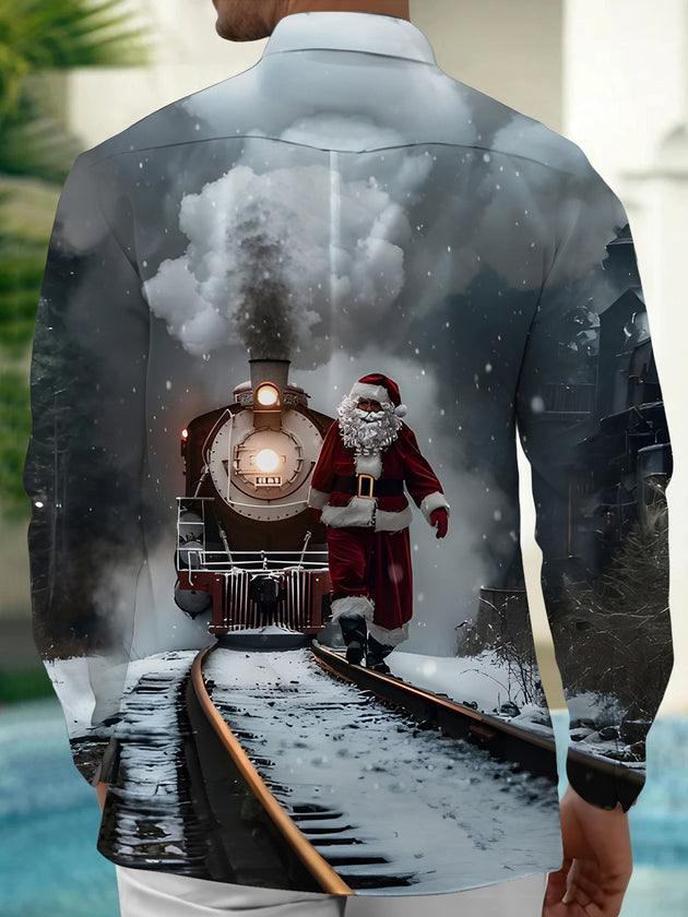 Men's dark Santa Claus train print long sleeve shirt back view
