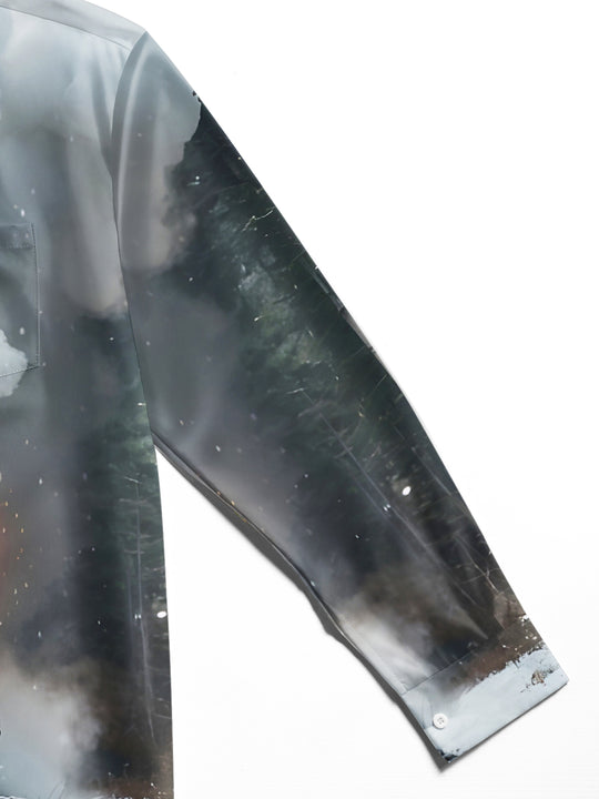 Men's dark Santa Claus train long sleeve shirt close-up detail