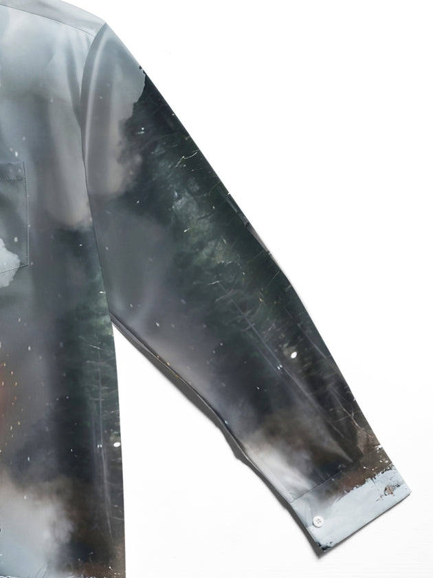 Men's dark Santa Claus train long sleeve shirt close-up detail