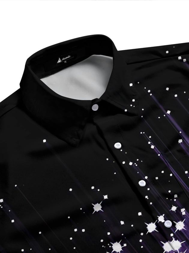 Men's festive shiny print long sleeve shirt side view