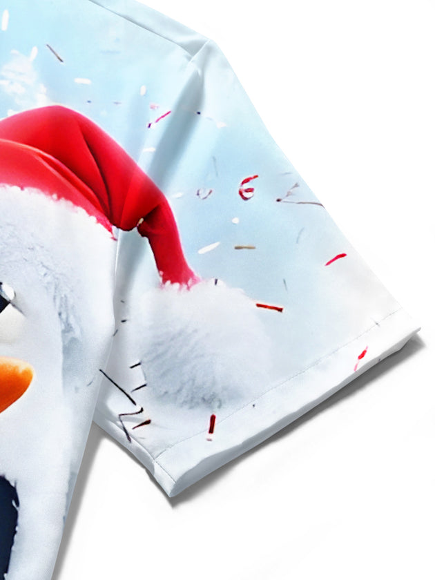 Men's Christmas snowman short sleeve shirt close-up detail view