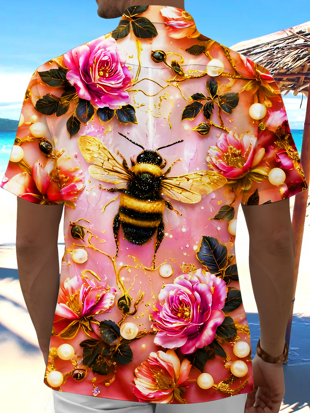 Art Gilded Bee Floral Men's Pocket Short Sleeve Shirts
