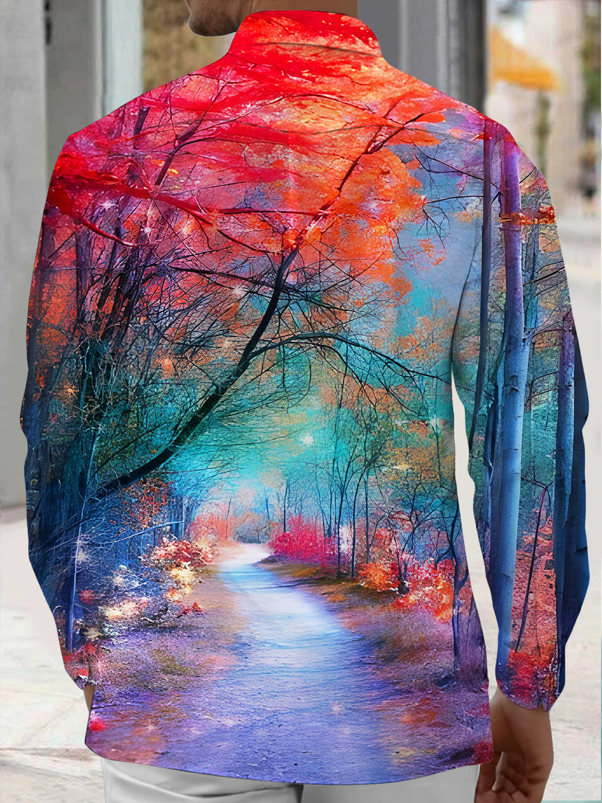 Art Gradient Forest Path Men's Pocket Long Sleeve Shirts