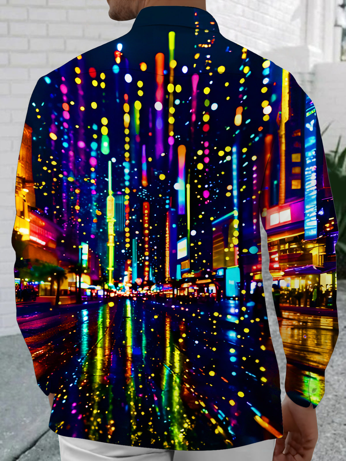 Psychedelic Colorful Neon City Street Scene Men's Pocket Long Sleeve Shirts