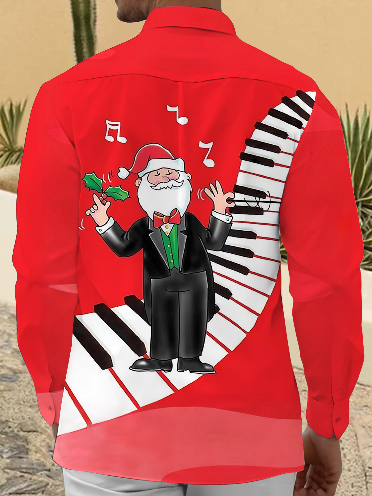 Christmas Santa Claus Piano Print Men's Pocket Long Sleeve Shirts