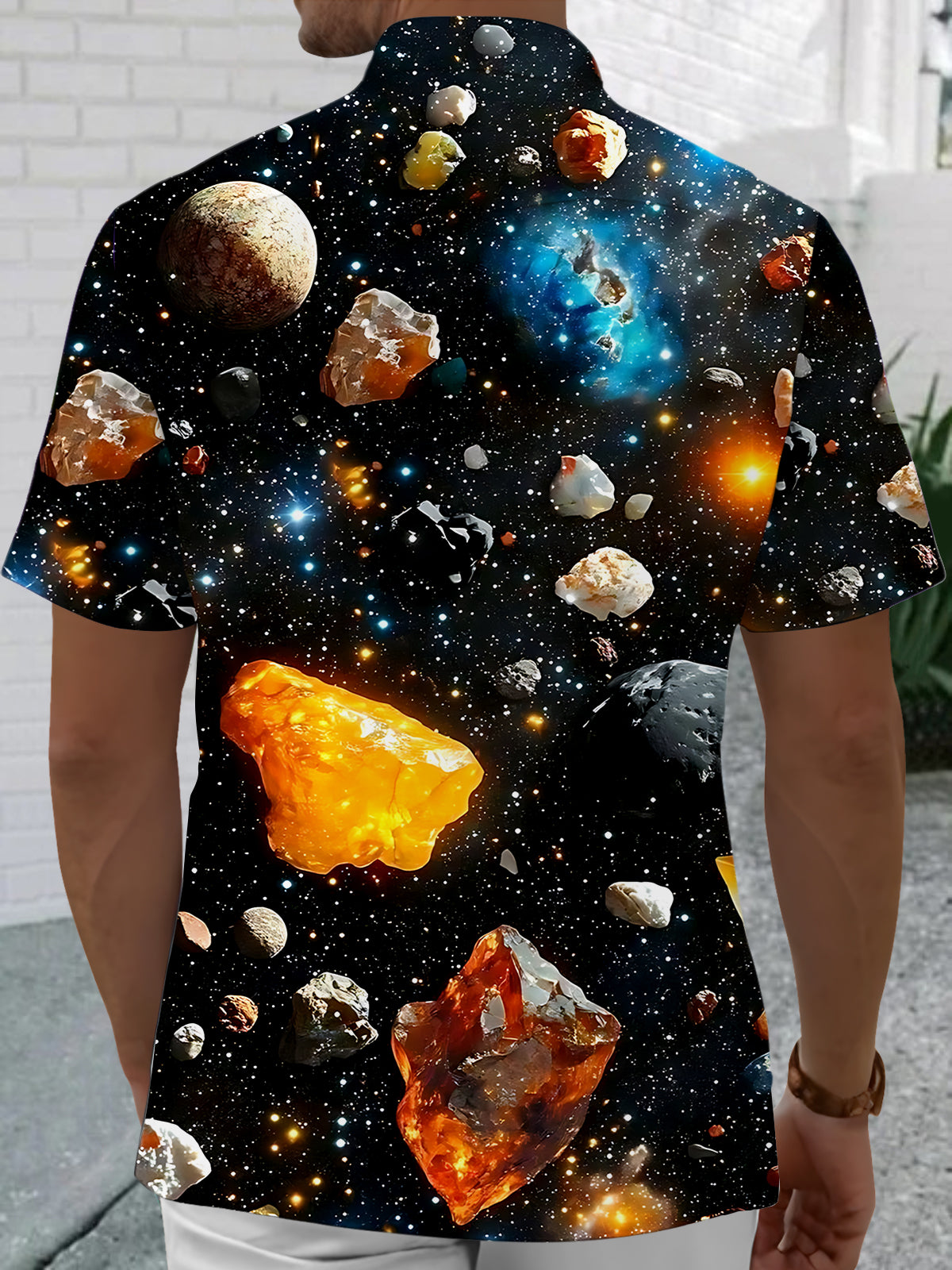 Space Meteorite Print Men's Pocket Short Sleeve Shirts