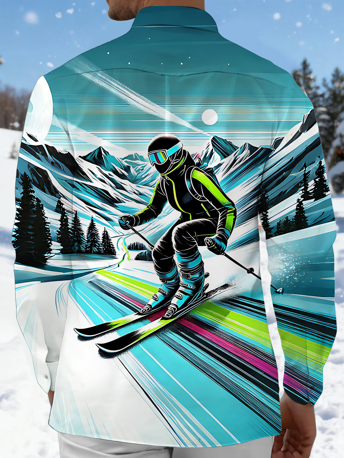 Ski Art Print Men's Pocket Long Sleeve Shirts