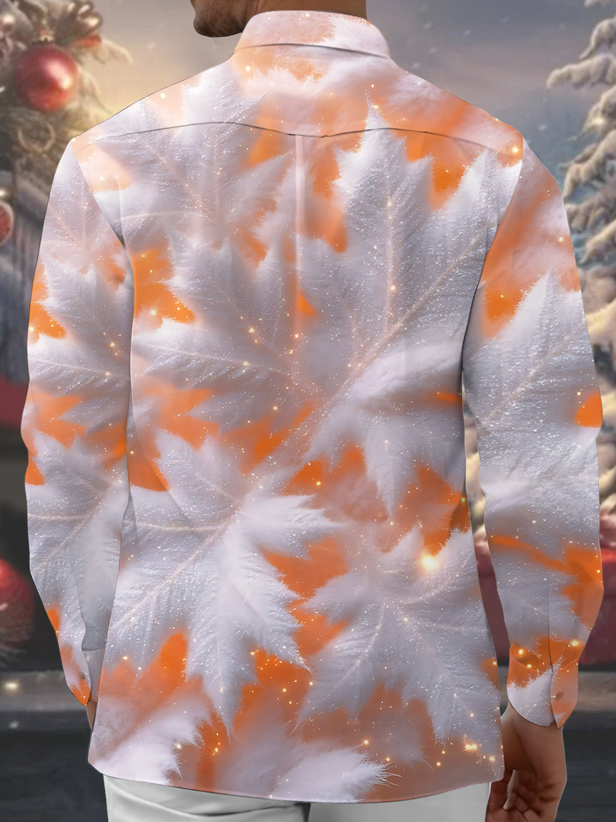 Winter Frosty Maple Leaf Print Men's Pocket Long Sleeve Shirts