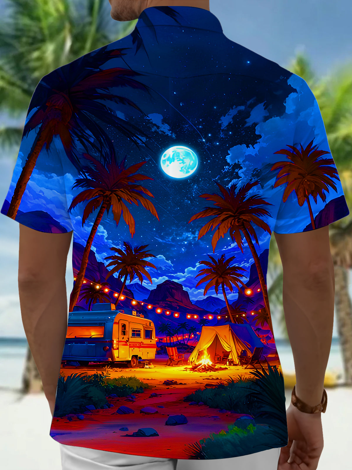 Hawaiian Coconut Tree Campfire Tent RV Moon Men's Pocket Short Sleeve Shirts