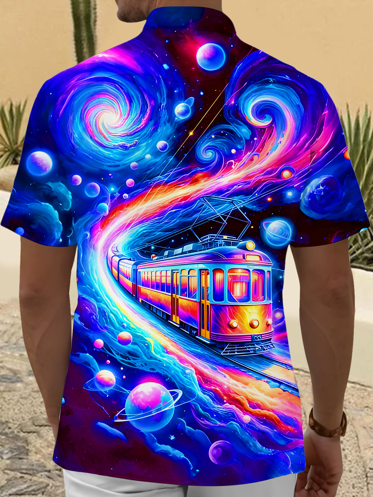 Psychedelic Interstellar Space Train Men's Pocket Short Sleeve Shirts