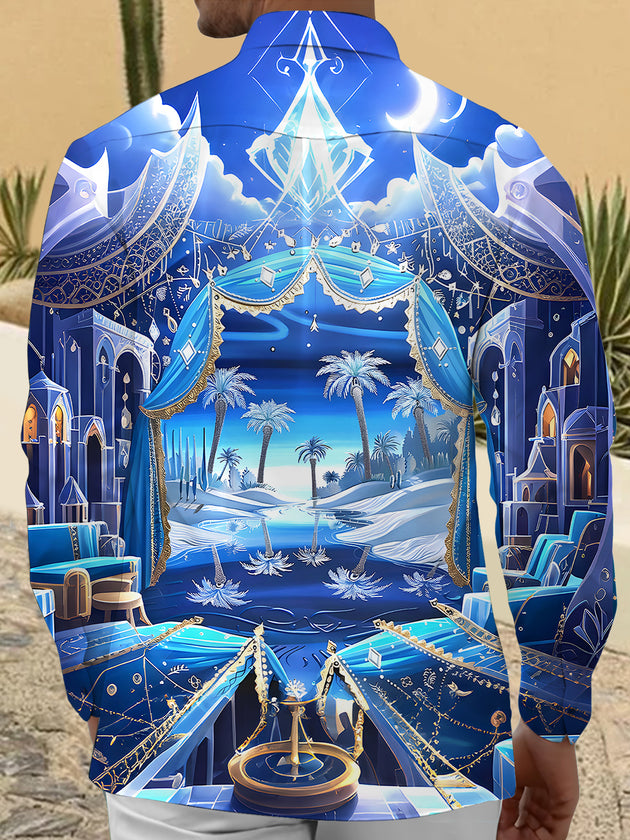 Men's coconut tree pattern pocket long sleeve shirt back view