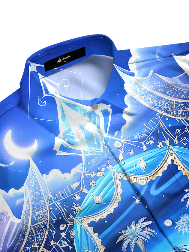 Men's side view long sleeve shirt with coconut tree pattern