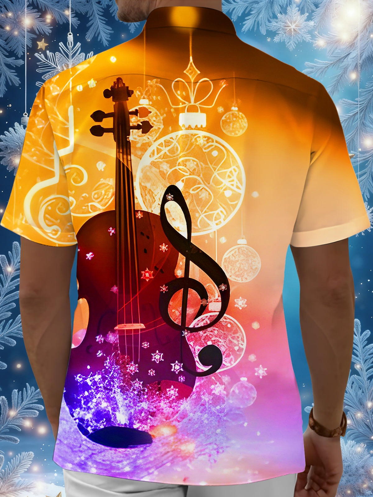 Gradient Christmas Lights Snowflakes Music Notes Violin Men's Pocket Short Sleeve Shirts