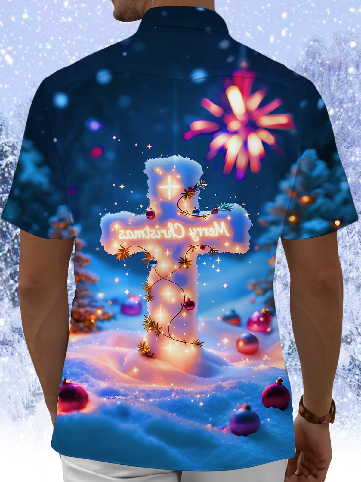 Snowy Christmas Cross Xmas Men's Pocket Short Sleeve Shirts