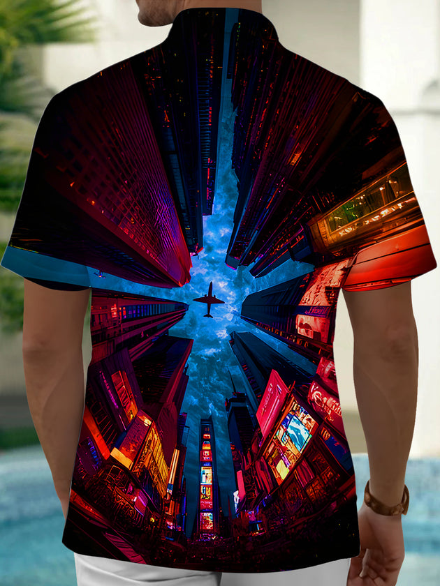 men's short sleeve shirt back view with airplane fly over buildings pattern