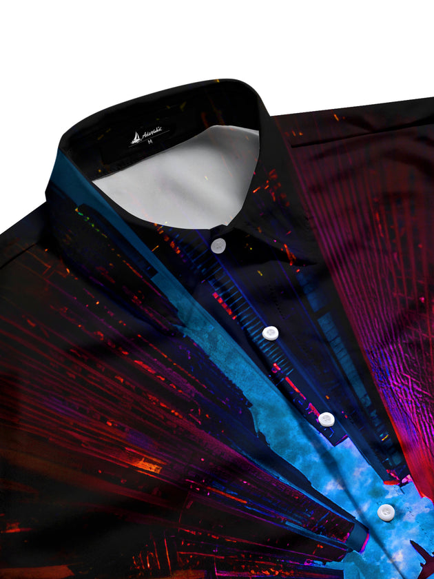 men's short sleeve shirt side view with airplane fly over buildings print